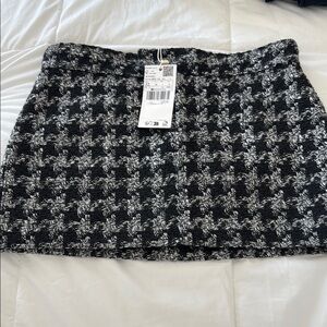 Mango Black and White Houndstooth Tweed Mini Skirt